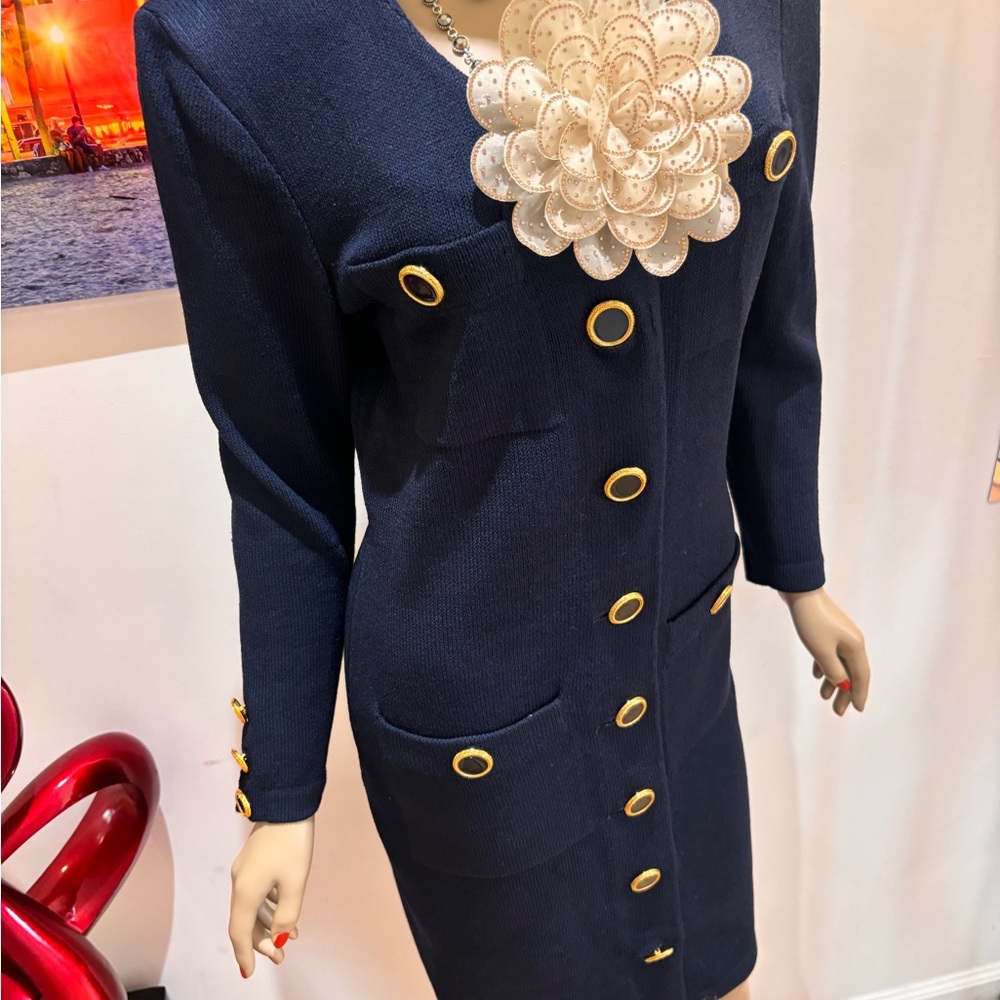 Elegant Navy Longline dress sweater buttoned gold blue M pencil - Picture 2 of 5